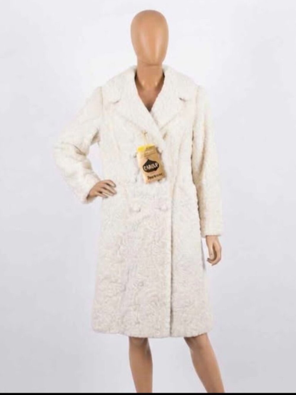 Retro Ivory Swakara-Style Faux Lamb Fur Trench Coat | Size 14